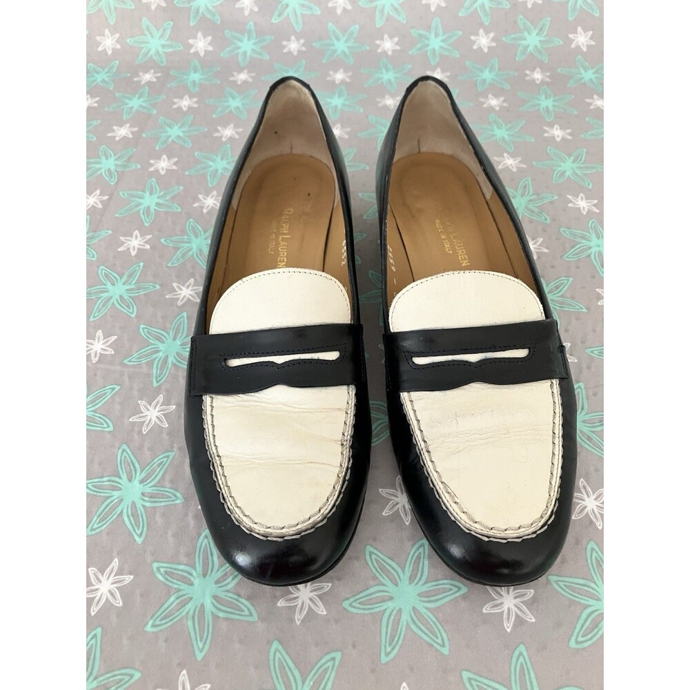 Ralph Lauren Black and Cream Leather Penny Loafers - Picture 2 of 12
